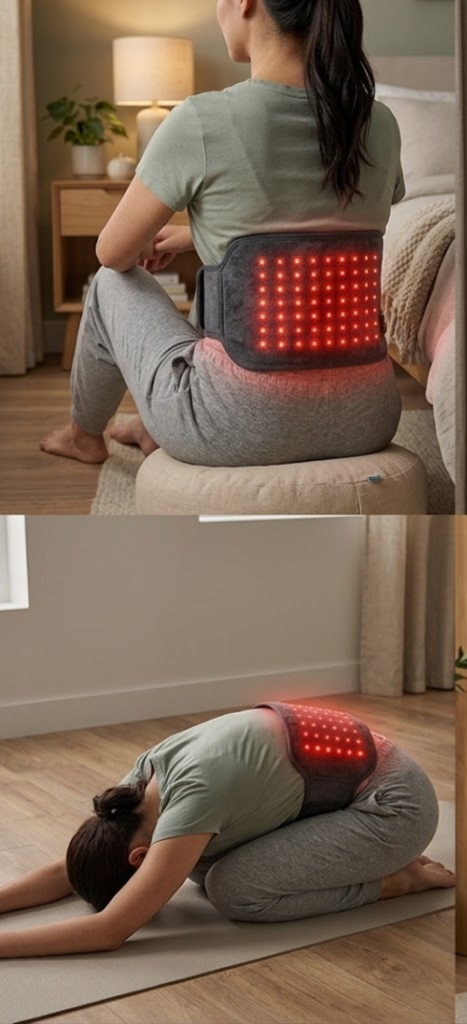 Red & Infrared Light Therapy Belt worn during recovery stretch